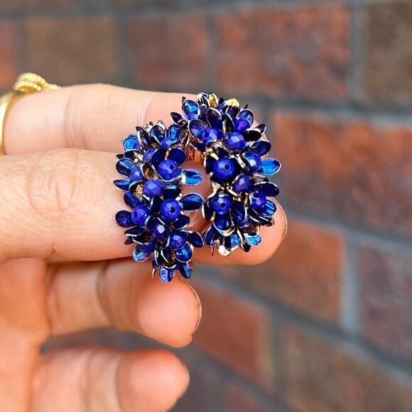 Anthropologie Blue and Gold Floral Earrings - Picture 3 of 9